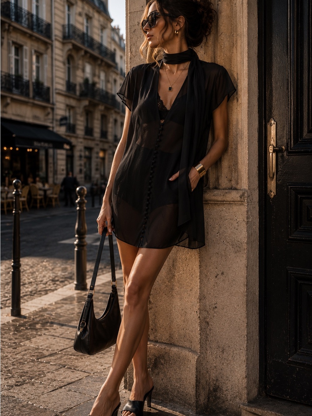 Haute Hippie Black Sheer Button Front Tie Neck Tunic Dress Cover Up L